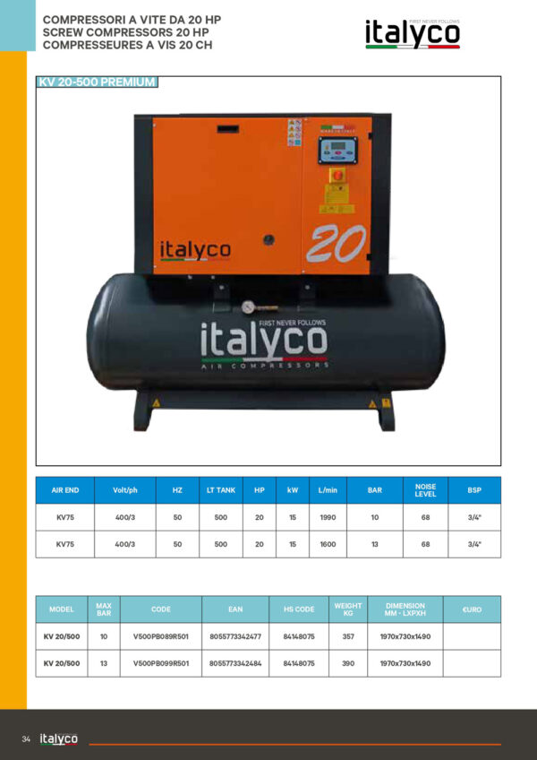 COMPRESSEUR A VIS KVE20/500 PREMIUM ITALYCO