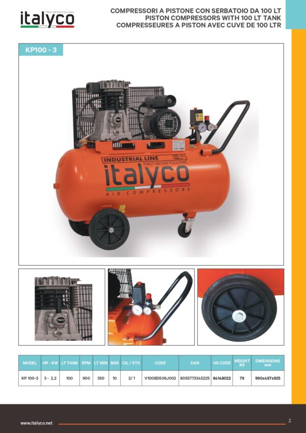 COMPRESSEUR D'AIR 100 LITRE 2HP 230V ITALYCO