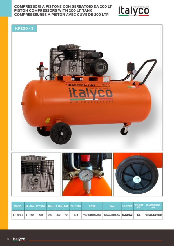 COMPRESSEURE D'AIR 200 LITRE 3HP 10 BAR ITALYCO