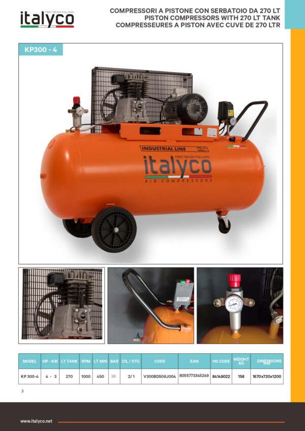 COMPRESSEURE D'AIR300 LITRE 4HP 10 BAR ITALYCO